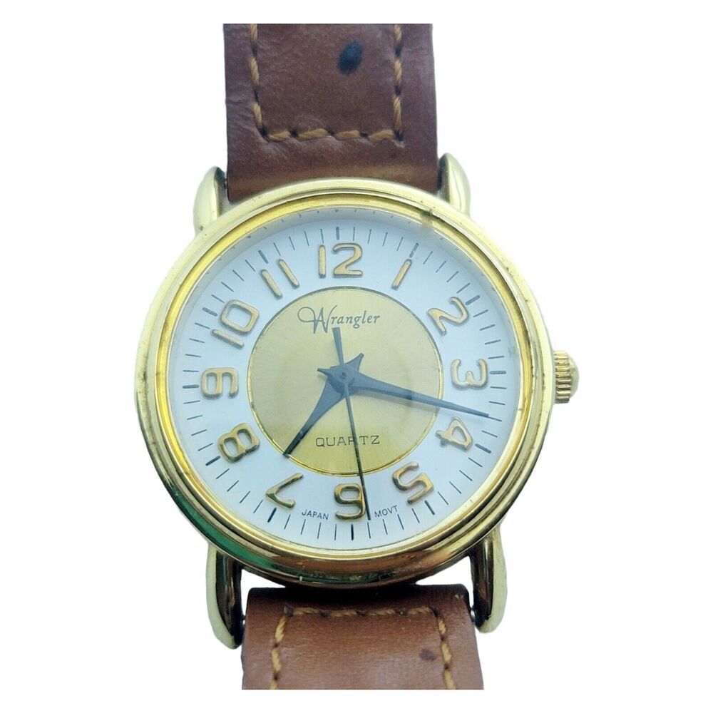 Vintage Ladies WRANGLER‎ Gold Tone Brown Leather Casual Watch New Battery